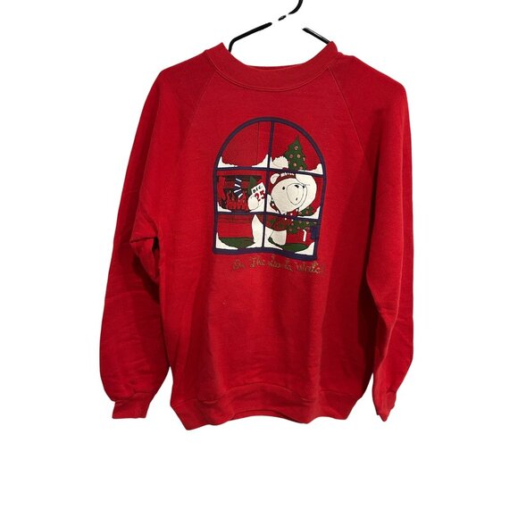 Vintage Jerzees Red On The Santa Watch Polar Bear Christmas Graphic Sweatshirt S - Picture 1 of 8